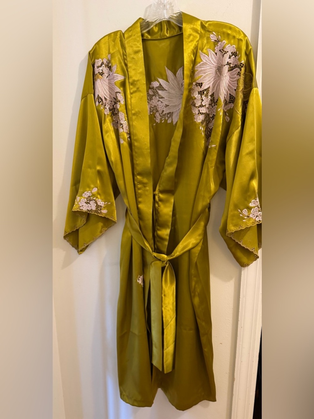 Silky Olive Green Embroidered Satin Robe with Belt